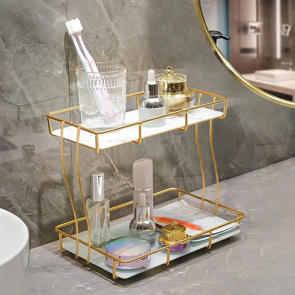 2-Tier Rectangular Golden Vanity Stand Top Premium Arcylic Marble Texture
