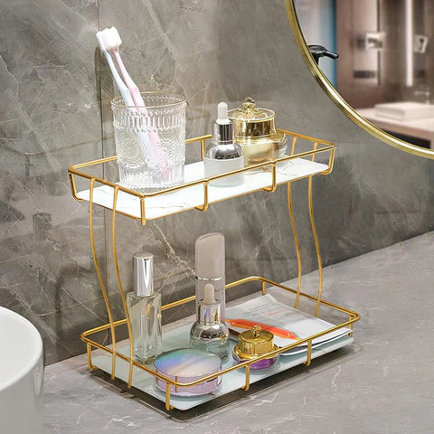 2-Tier Rectangular Golden Vanity Stand Top Premium Arcylic Marble Texture