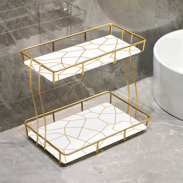 2-Tier Rectangular Golden Vanity Stand Top Premium Arcylic Marble Texture