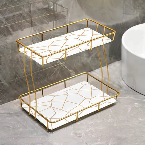 2-Tier Rectangular Golden Vanity Stand Top Premium Arcylic Marble Texture