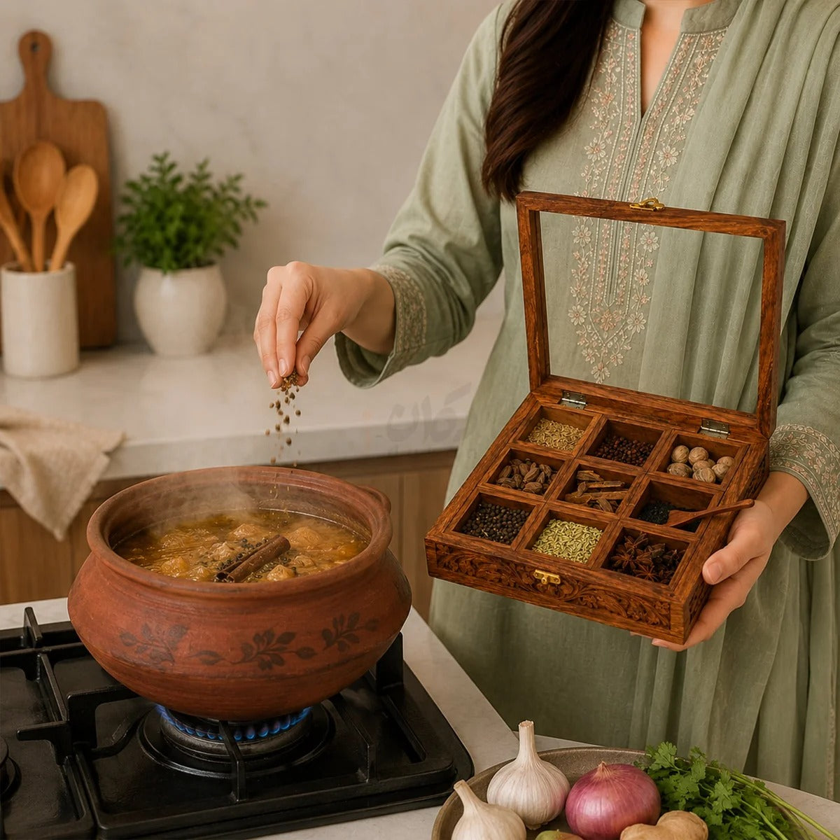 Wooden Spice Box with 9 Compartments