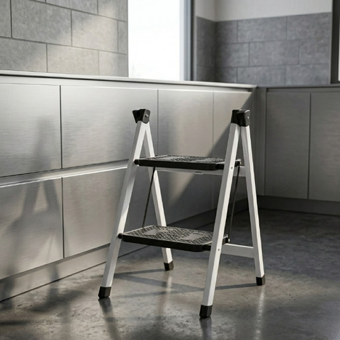 2-Step Folding Metal Stool Ladder | Compact Safety Step Ladder With Anti-Slip Treads