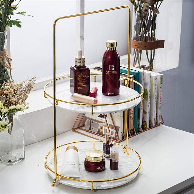 3 Layer Cosmetic, Perfume and Multi-Purpose Storage Rack" with a golden frame and reflective surfaces.