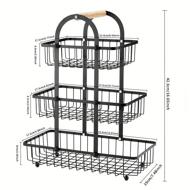 3-Tier Creative Hollow Mesh Fruit Basket with Wooden Handle