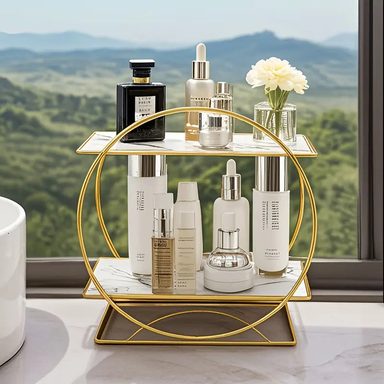 2 Tier Elegant Golden Round Makeup Organizer