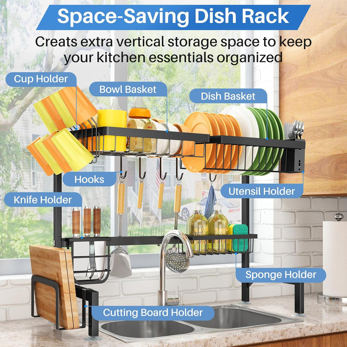 Over Sink Dish Drying Rack with Knife Holder, Utensil Organizer & Multiple Baskets - Kitchen Storage Space Saver
