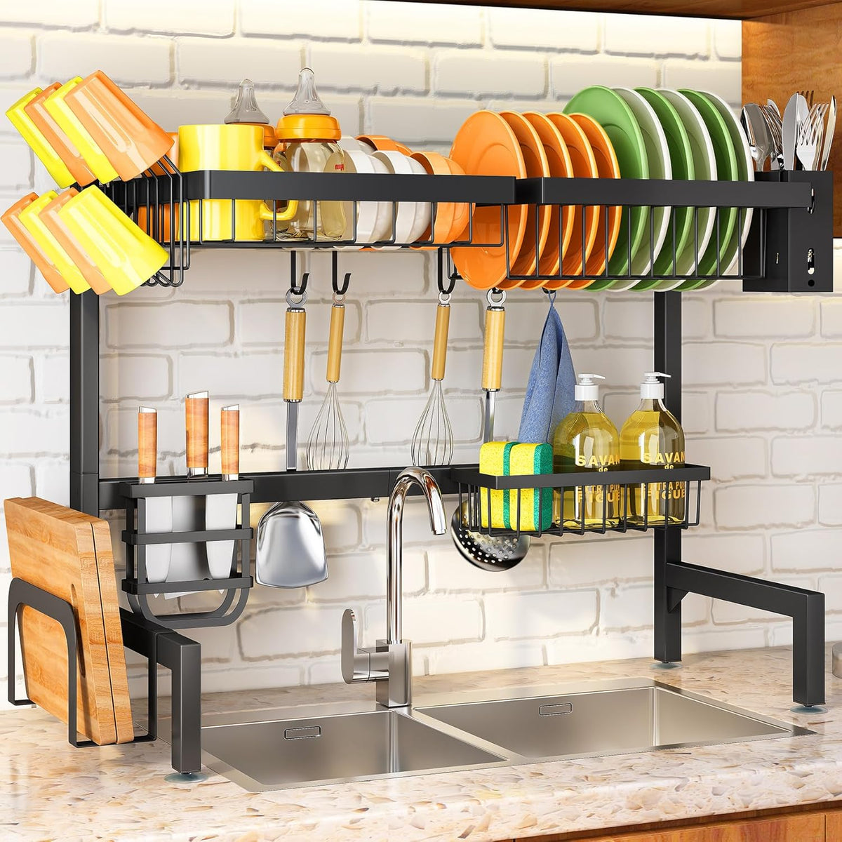 Over Sink Dish Drying Rack with Knife Holder, Utensil Organizer & Multiple Baskets - Kitchen Storage Space Saver