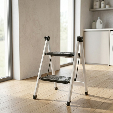 2-Step Folding Metal Stool Ladder | Compact Safety Step Ladder With Anti-Slip Treads