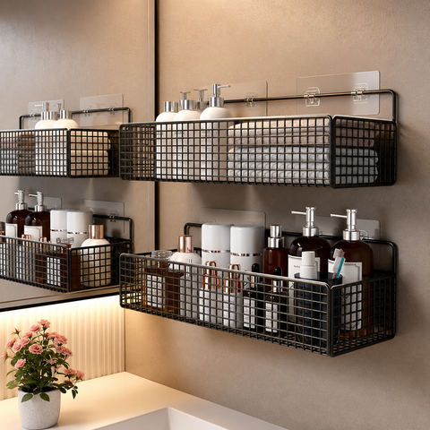 wall mounted metal basket with self adhesive hooks