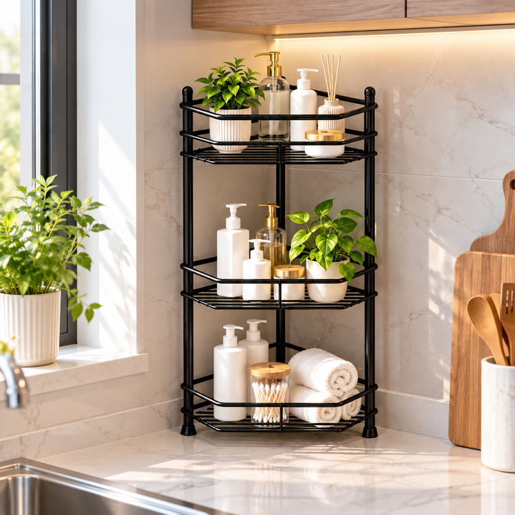 3-Tier Black Iron Kitchen/ Bathroom Corner Shelf Rust Resistant