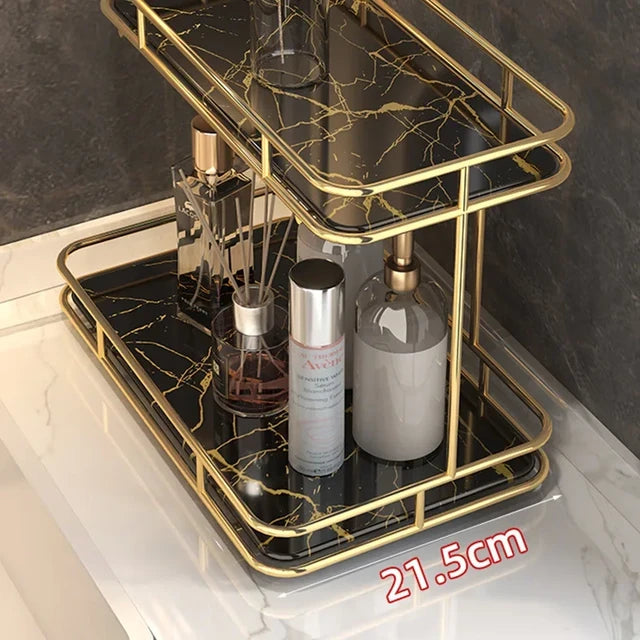 2 Tier Luxury Marble Textured Makeup Organizer with Gold Frame