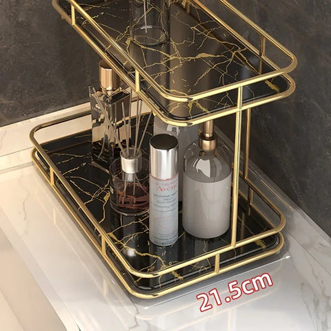 2 Tier Luxury Marble Textured Makeup Organizer with Gold Frame