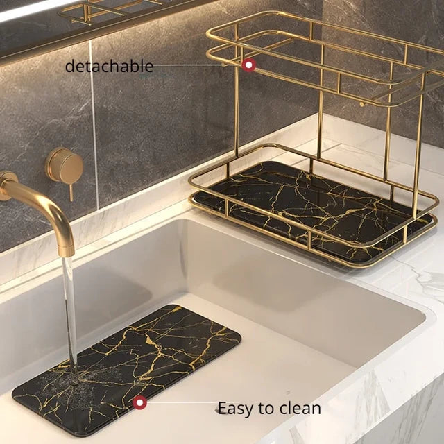 2 Tier Luxury Marble Textured Makeup Organizer with Gold Frame
