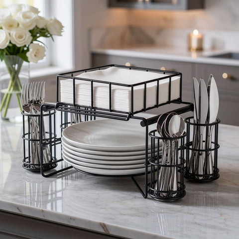 3 in 1 luxury metal Buffet Organizer Plate Cutlery & Napkin Holder