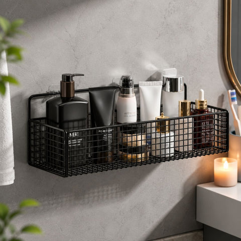 wall mounted metal basket with self adhesive hooks