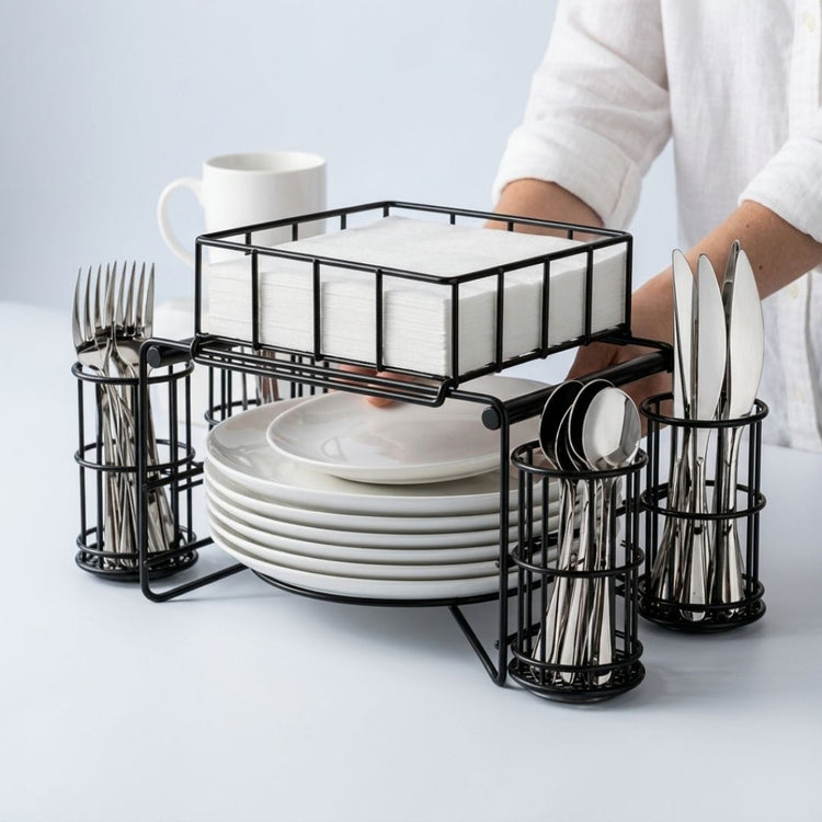 3 in 1 luxury metal Buffet Organizer Plate Cutlery & Napkin Holder