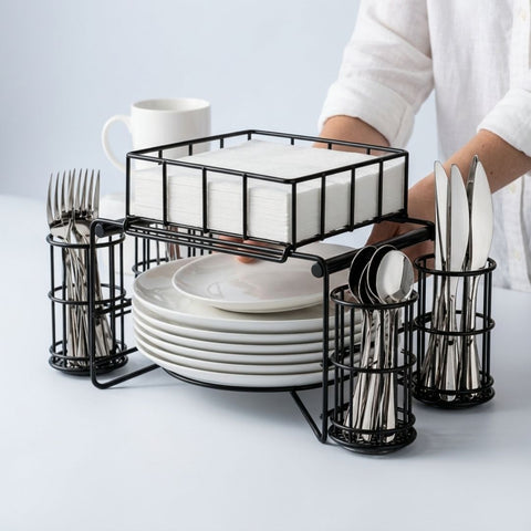 3 in 1 luxury metal Buffet Organizer Plate Cutlery & Napkin Holder