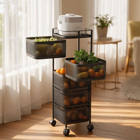 5 Layer Rotatable Metal Basket With Wheels