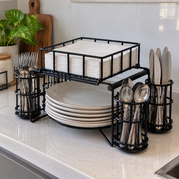 3 in 1 luxury metal Buffet Organizer Plate Cutlery & Napkin Holder