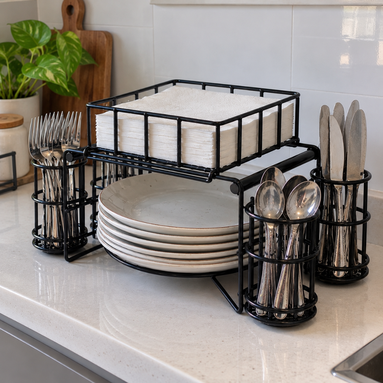 3 in 1 luxury metal Buffet Organizer Plate Cutlery & Napkin Holder