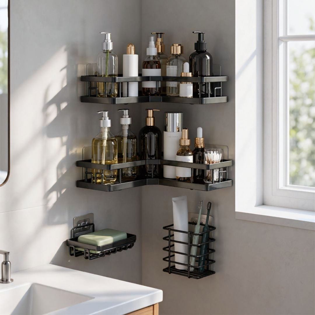 4 Pc New Patti Corner, soap and tooth brush Storage rack No Drill Needed With Self Adhesive Stickers