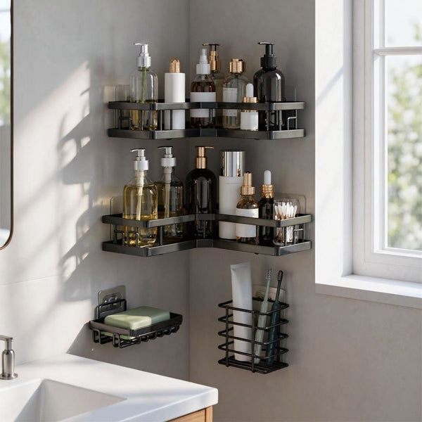 4 Pc New Patti Corner, soap and tooth brush Storage rack No Drill Needed With Self Adhesive Stickers