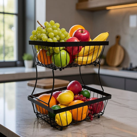 2 Tier Stainless Steel Fruit Basket - Black