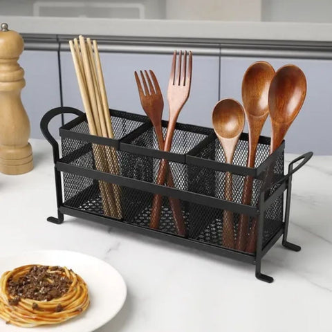 3-Compartment Metal Mesh Cutlery Organizer with Handle