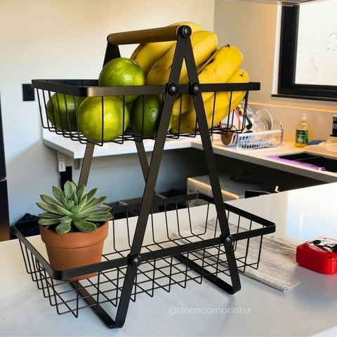 Wooden Handle 2 Tier Basket