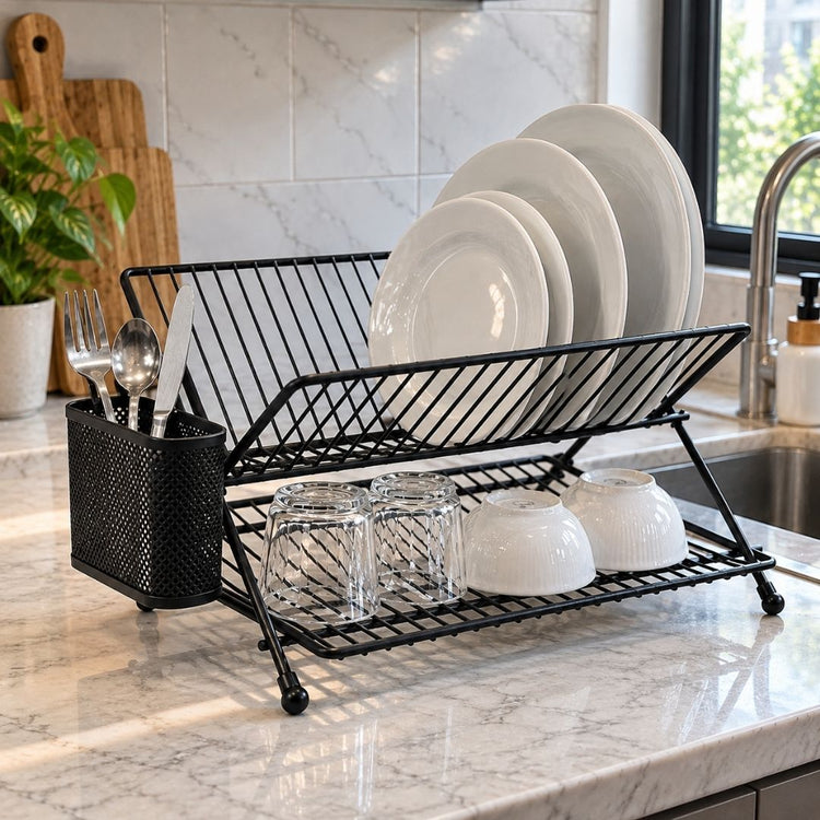 2-Tier Metal Dish Rack with Cutlery Holder – Black