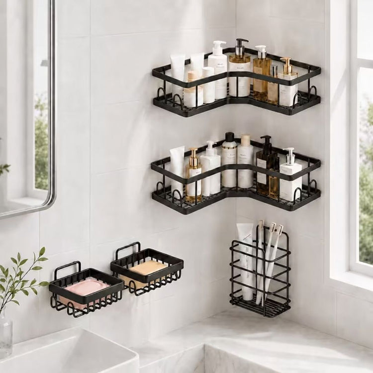 5pcs Bathroom Set: Wall-Mounted Shelves, Storage Basket, No-Drill Installation, Heavy-Duty Metal, Sturdy and Durable, Bath Storage, Toiletry Organizer, Includes Corner Shelf, Toothbrush Holder, Soap Dish
