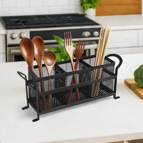 3-Compartment Metal Mesh Cutlery Organizer with Handle