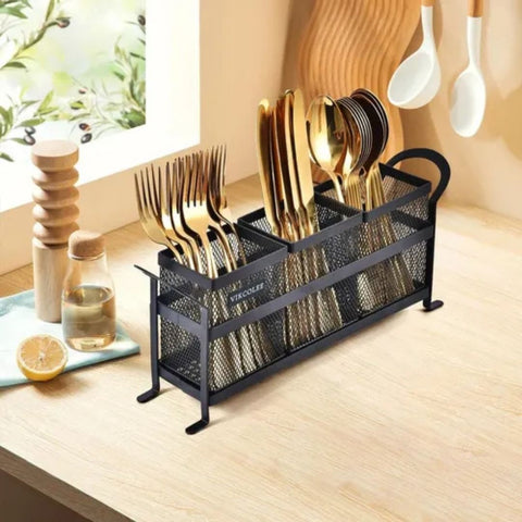 3-Compartment Metal Mesh Cutlery Organizer with Handle