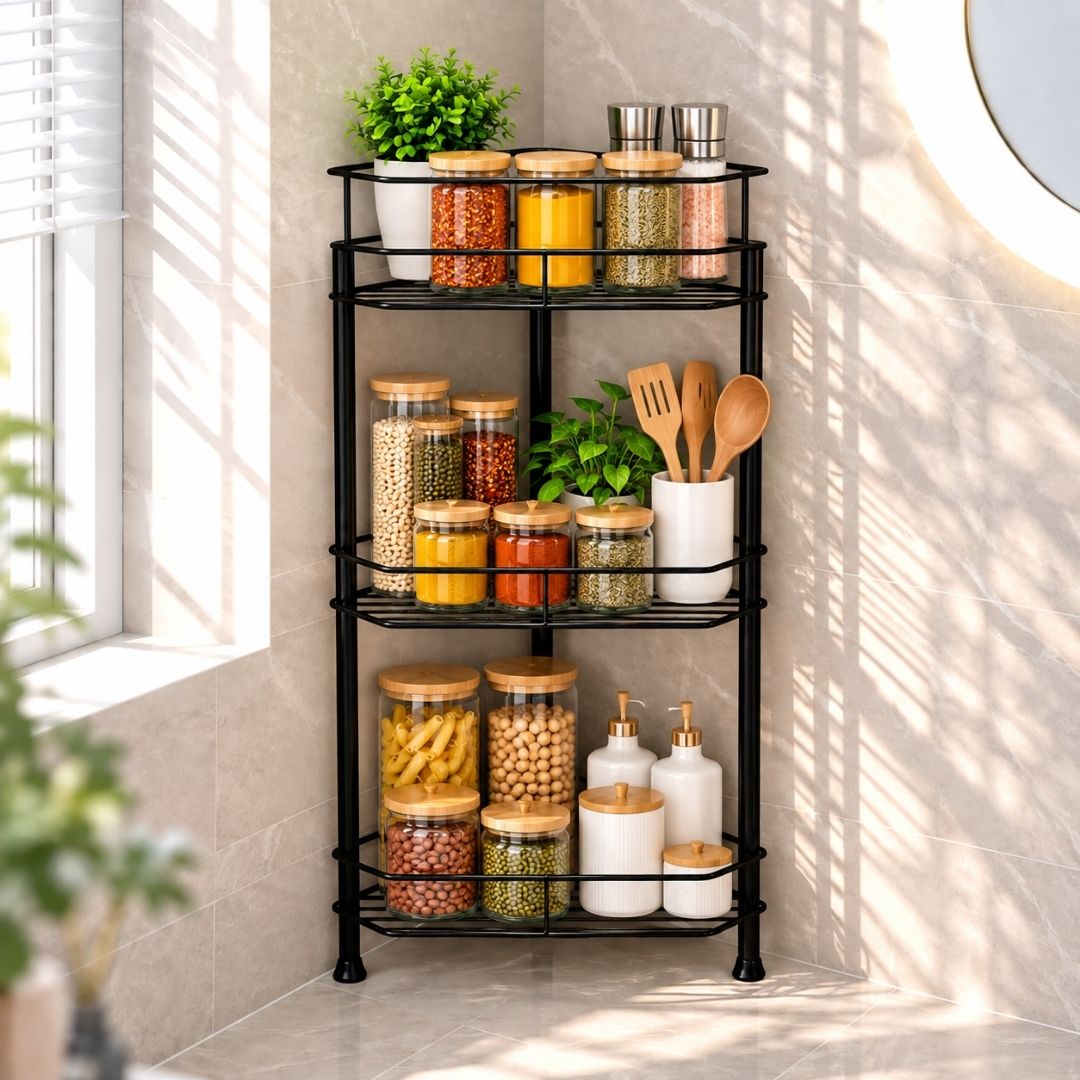 3-Tier Black Iron Kitchen/ Bathroom Corner Shelf Rust Resistant