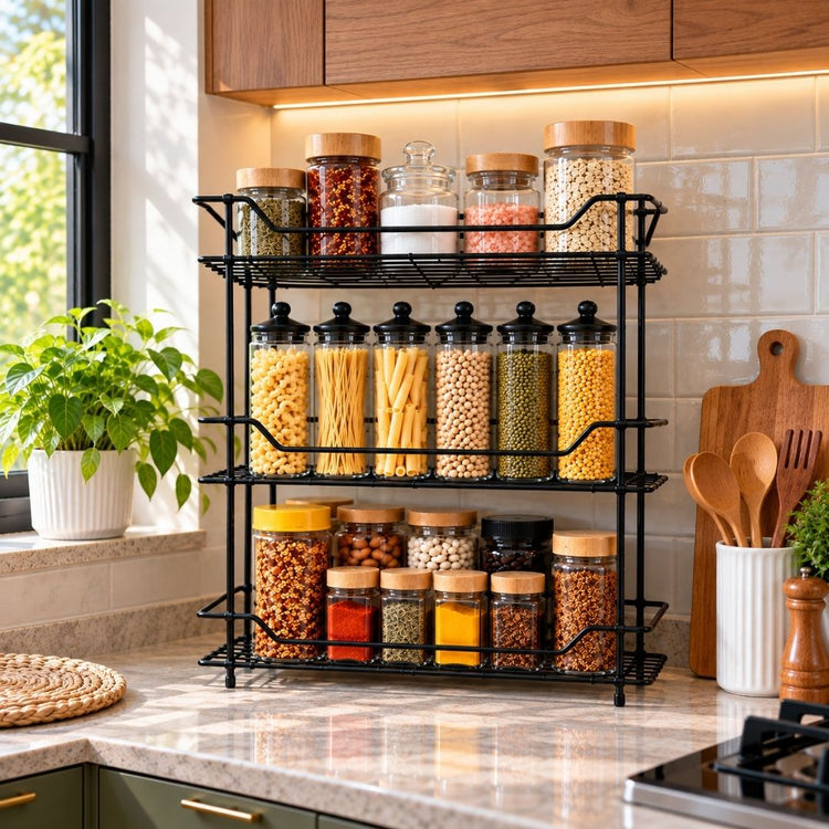 3 Layer Wall Mount Spice Rack Black Iron Kitchen Storage