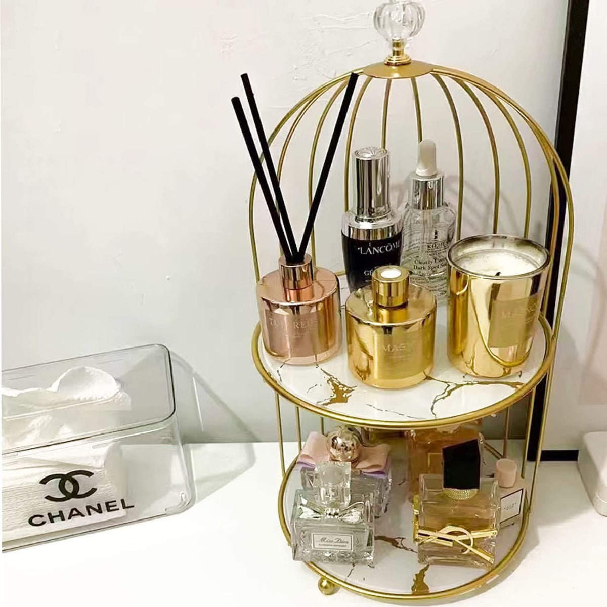 2-Tier Golden Vanity Cage" makeup organizer