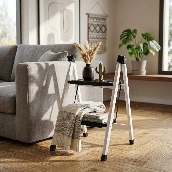 2-Step Folding Metal Stool Ladder | Compact Safety Step Ladder With Anti-Slip Treads