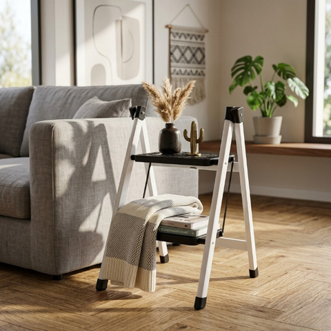 2-Step Folding Metal Stool Ladder | Compact Safety Step Ladder With Anti-Slip Treads