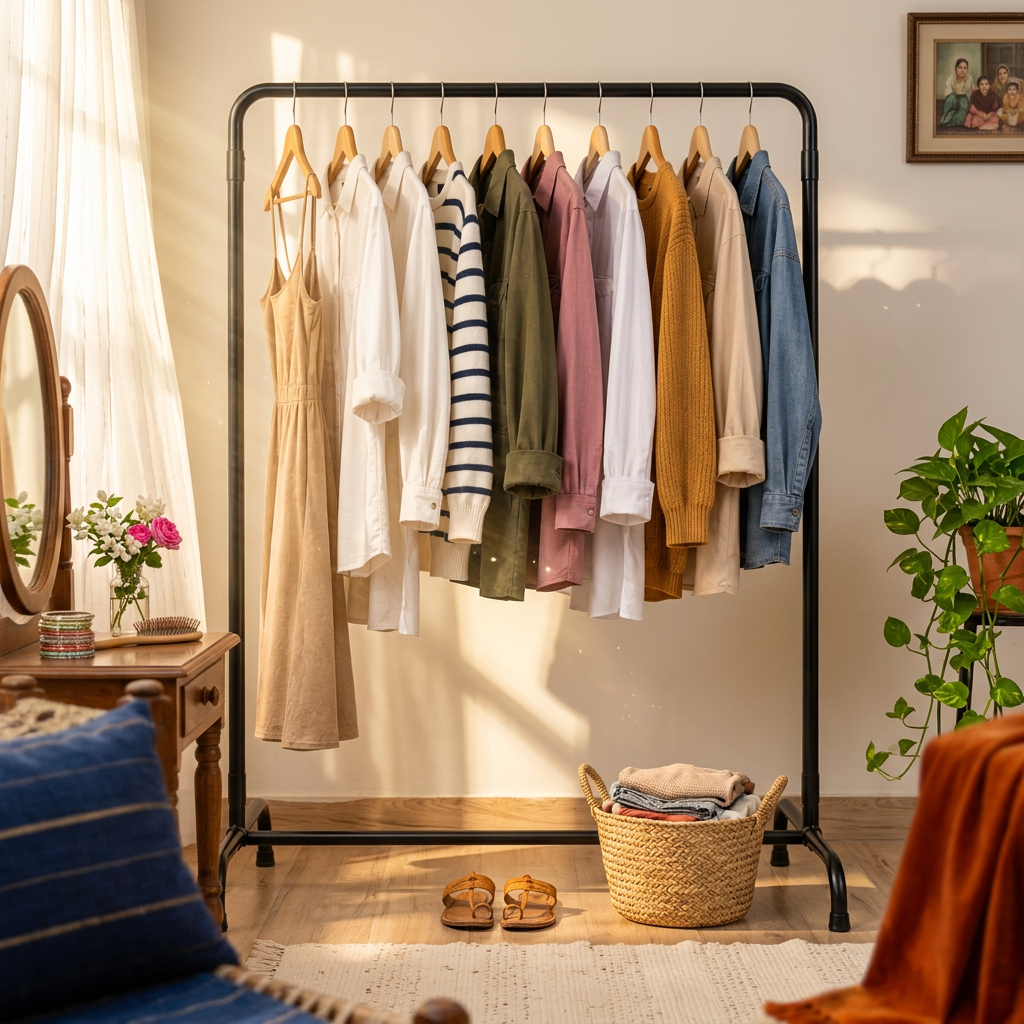 Clothes Hanging Stand dhoop wale basay hue bedroom mein, neeche chappal aur tokri, dressing table par phool aur choorian, aage navy cushion aur orange chaadar