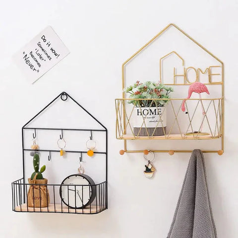 Home shaped Wall Mounted Shelf with Hooks
