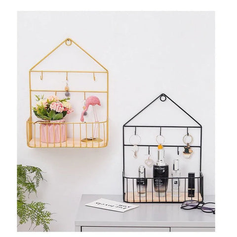 Home shaped Wall Mounted Shelf with Hooks