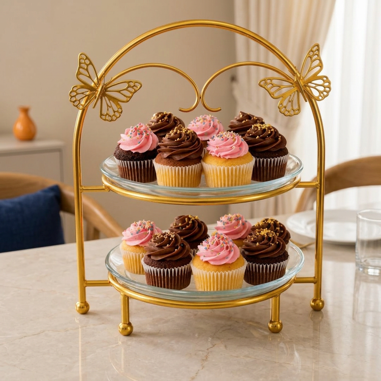 Golden butterfly two tier stand