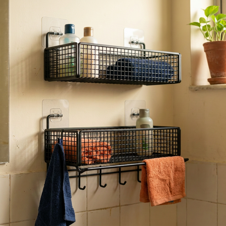 2 Pc self adhesive black wire baskets with hooks in a real home bathroom