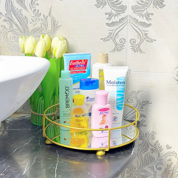 Round Gold Metal Mirror Vanity Tray with Handle