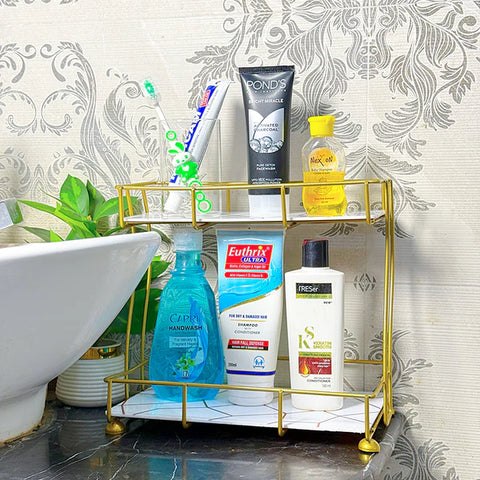 2-Tier Rectangular Golden Vanity Stand Top Premium Arcylic Marble Texture