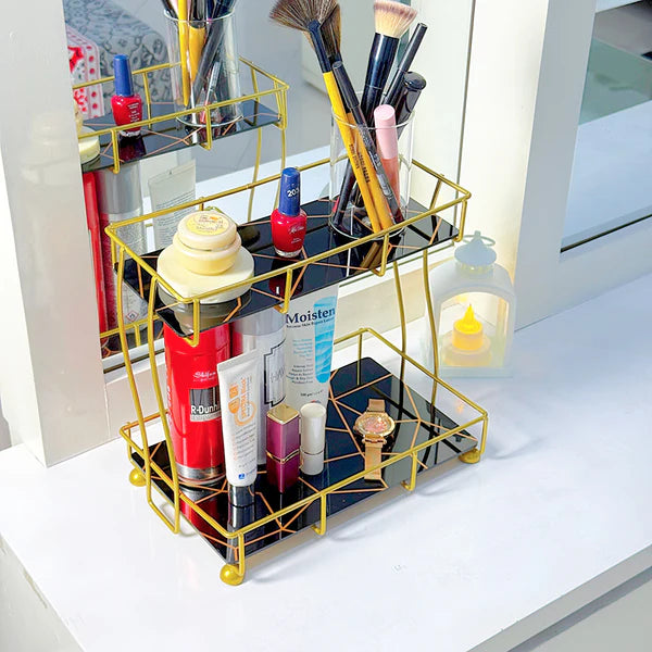 2-Tier Rectangular Golden Vanity Stand Top Premium Arcylic Marble Texture