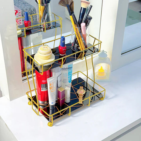 2-Tier Rectangular Golden Vanity Stand Top Premium Arcylic Marble Texture