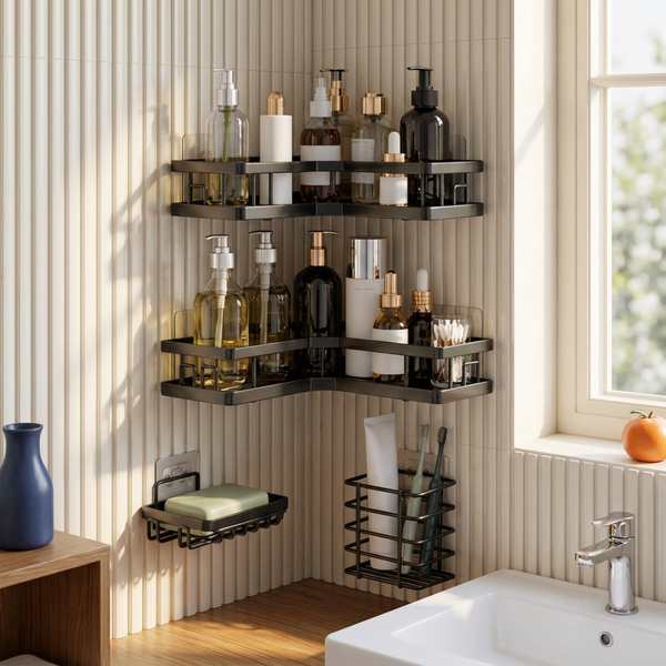 4 Pc New Patti Corner, soap and tooth brush Storage rack No Drill Needed With Self Adhesive Stickers