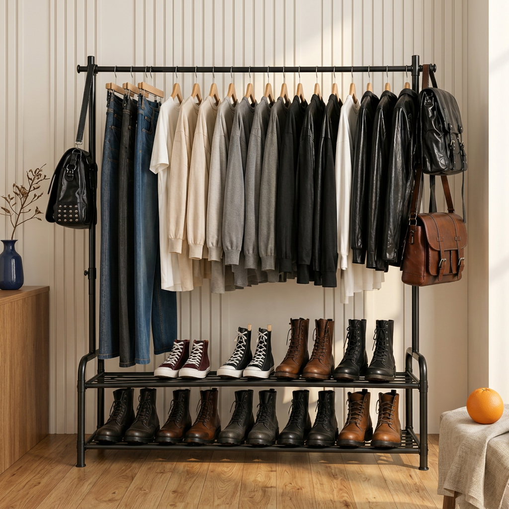 Black clothes hanging rack with double shoe rack in a bright sunlit dressing room