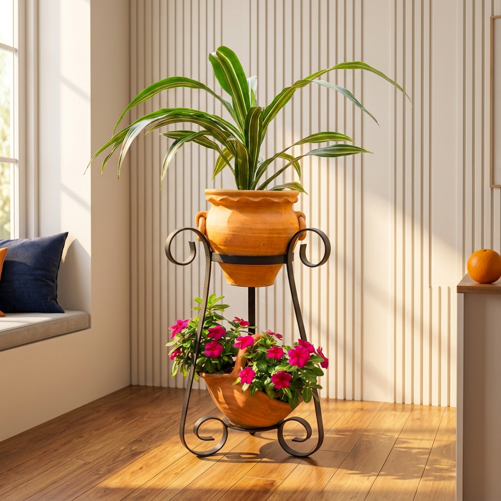 Dual Pot Planter Stand with terracotta pots in a bright sunlit living room